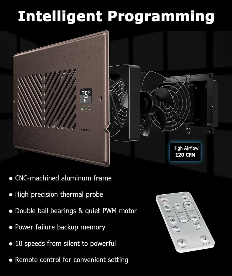 ATOM NEXUS Quiet Register Booster Fan, Smart Vent Booster Fan with Thermostat Control & Remote Control, 10-Speed Control Heating Cooling AC Vent (Brown, 6 x 10 inch) - Image 3